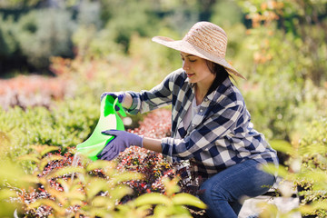 Young female gardener watering the plants in garden