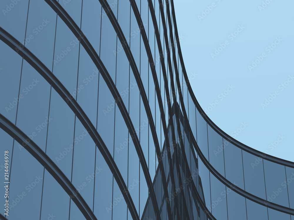 Poster 3d stimulate of high rise curve glass building and dark steel window system on blue clear sky backgr