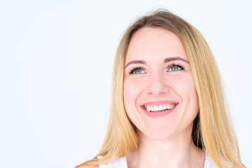 emotion face. happy smiling cheerful delighted woman young beautiful blond girl portrait on white...