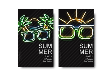 Vector set of realistic isolated brochure with neon signs for summer party for decoration and covering on the white background.