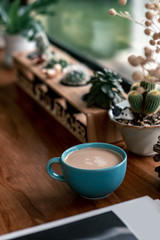 hot coffee cup with cactus on pottery decoration objects.hot coffee mug on white table.