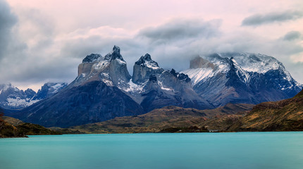 Fototapeta na wymiar Towers of Paine and Lake Pehoé. Torres del Paine National Park, Chile. Patagonia. South America