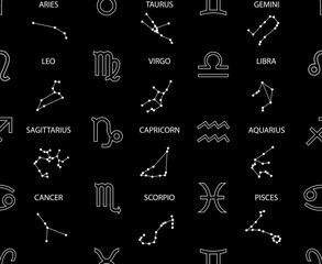 Vector. Seamless pattern for decoration, design. Astronomy different white simple geometric representation of the zodiac signs and constellations for horoscope with titles on a black background