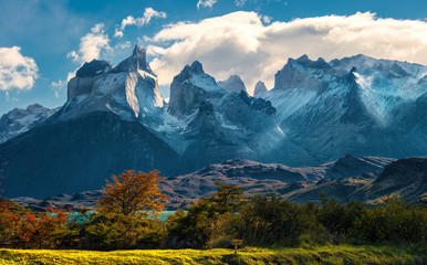 Cuernos del Paine, Chilean Patagonia in Autumn,  Torres del Paine national park. Patagonia, Chile