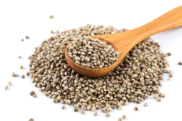 Cannabis Hemp seeds in spoon on white