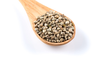 Cannabis Hemp seeds in spoon on white