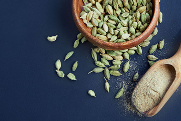 Super food cardamom health food selection in spoon.