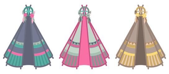 Set of three multicolored teepee illustrations isolated on white background © cairowhite