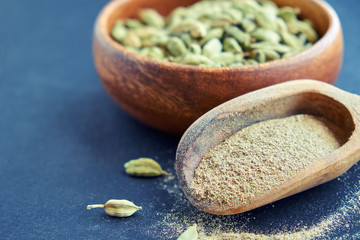 Super food cardamom health food selection in spoon.