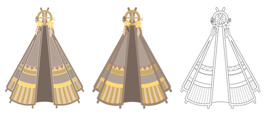 Set of three yellow-brown teepee illustrations with various outlines isolated on white background