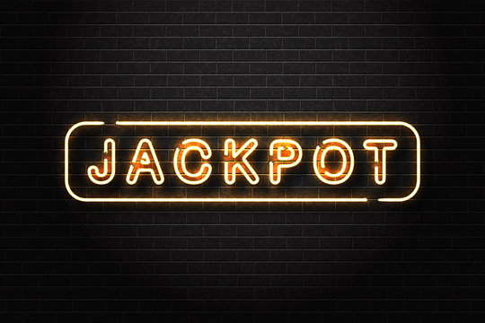 Vector realistic isolated neon sign of Jackpot logo on the wall background. Concept of slot machine win, casino and award ceremony.