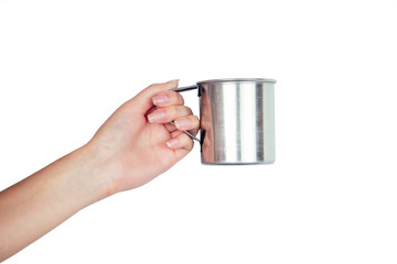 mug with tea in hand on white background, isolate