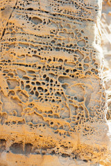 Stone wall erosion holes with a pattern motif and texture. Natural hard rock textured stone with embossed motif closeup background.  