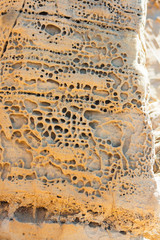 Stone wall erosion holes with a pattern motif and texture. Natural hard rock textured stone with embossed motif closeup background.  