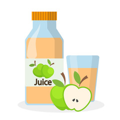 Glass and bottle of apple juice and half of green apple, stock vector illustration