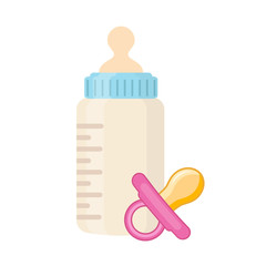 Baby milk bottle and dummy in cartoon flat style, stock vector illustration