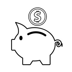 Pink piggy bank with falling dollar coins, flat icon vector illustration