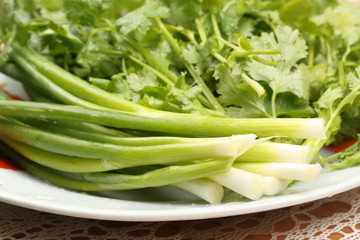 Fresh cilantro leaves and onion leaves on the plate. Food ingredients