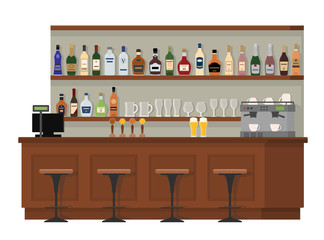 Empty wooden bar counter. Shelves with alcohol bottles. Flat vector isolated illustration on white background.
