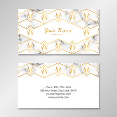 Vector business card template with golden art deco pattern on white and marble background.