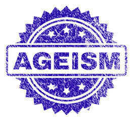 AGEISM stamp imprint with corroded style. Blue vector rubber seal print of AGEISM label with corroded texture.