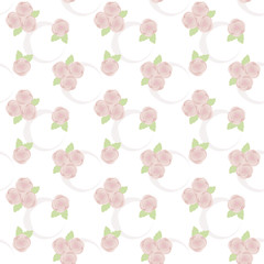 Pattern of ashen pink roses with ribbons of a light crescent and green leaves on a white background vector seamless.