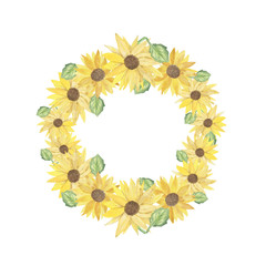watercolor wreath of bright yellow sunflowers, autumn colorful postcard-illustration