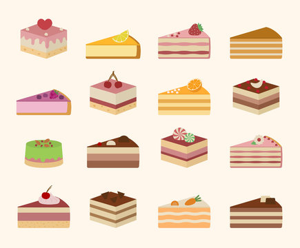 Set of sweet yummy cakes. Isolated on light yellow background. Vector illustration.
