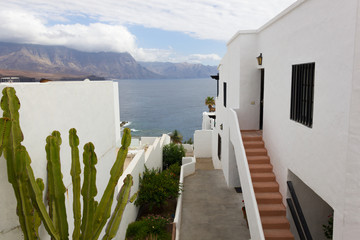 White apartment buildings with cactus vegetation by the sea in Gran Canaria island, Spain. Summer vacation, travel destination, house rental concepts