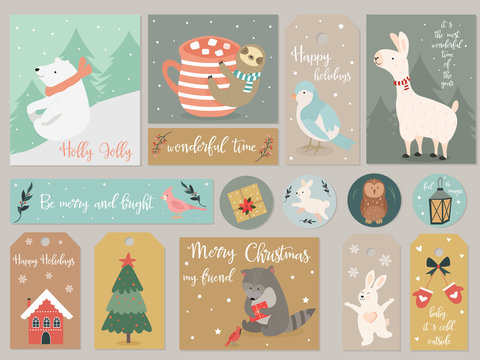 Christmas set, hand drawn animals and elements.
