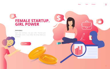 Modern vector illustration concept for landing page website or mobile site version: Female startup girl power concept. Women business coworking startup report presentation. Female business template