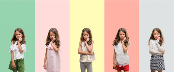 Collage of brunette hispanic girl wearing different outfits touching mouth with hand with painful expression because of toothache or dental illness on teeth. Dentist concept. © Krakenimages.com