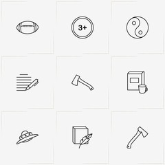 Cinema Genres line icon set with rugby ball, yin yang  and book