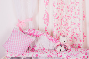 Interior of modern baby room. Vintage decor. Interior. Pink intearior