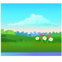 Fototapeta na wymiar Landscape with coniferous forest on the horizon and flowering meadow. Vector cartoon close-up illustration.