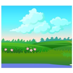 Landscape with coniferous forest on the horizon and flowering meadow. Vector cartoon close-up illustration.