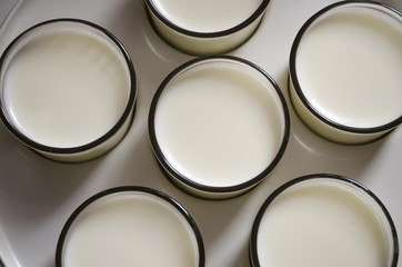 Natural bio yogurt in the glass, creating process. Healthy nutrition and eco food. Organic yoghurt without additions, top view. Homemade dairy product close-up.