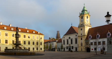 Fototapeta na wymiar Main Square is historical landmark in sunset of Bratislava