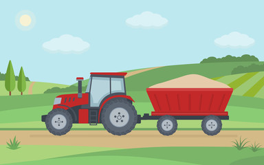 Red tractor with trailer on rural landscape background. Flat style vector illustration.
