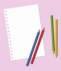 Color pencils and grid sheeton a pink background, copy space. Vector illustration