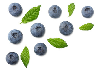 healthy background. blueberries with leaves isolated on white background. top view