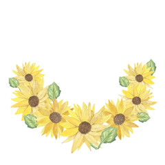 watercolor wreath of bright yellow sunflowers, autumn colorful postcard-illustration