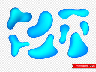 Set of liquid elements for posters, cards, presentations, flyers and covers design. Gradient shapes in bright blue color. Isolated on transparent background. Vector illustration.