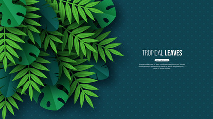 Exotic jungle tropical palm leaves. Summer floral design with dotted dark turquoise color background. Vector illustration. - obrazy, fototapety, plakaty