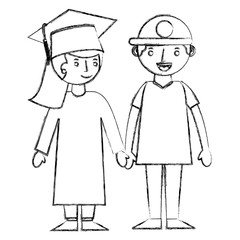 graduate girl holding hand her brother vector illustration sketch