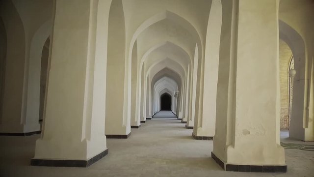 Arched hallway perspective at Mir-i-Arab medressa in Bukhara, Uzbekisan.