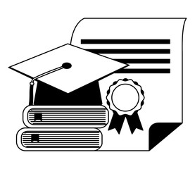 graduation hat stack books and diploma vector illustration black and white