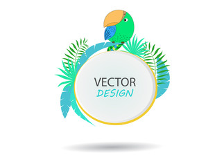 Vector banner with parrot. Frame for text with a character. Cartoon frame for text. Design of banners for children. Tropical banner. Frame for text with a cartoon animal parrot. Banner with palm leave