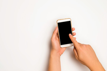 smartphone, phone in male hands on a white background. the concept of communication. use of gadgets, modern technologies. social networks. place for text. copyspace