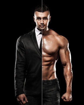 Businessman In The Suit And Muscular Young Fitness Sports Man. Workout With Dumbbell In Fitness Gym.